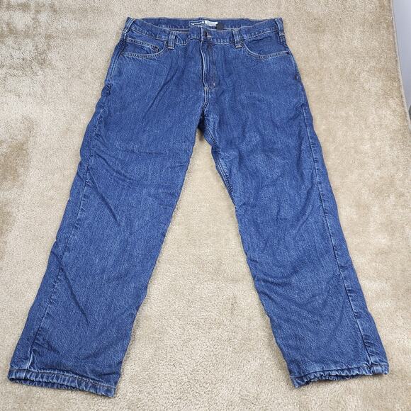 Carhartt Jeans Mens 38x30 Relaxed Fit Flannel Lined Blue Denim Workwear B225 - Picture 2 of 12